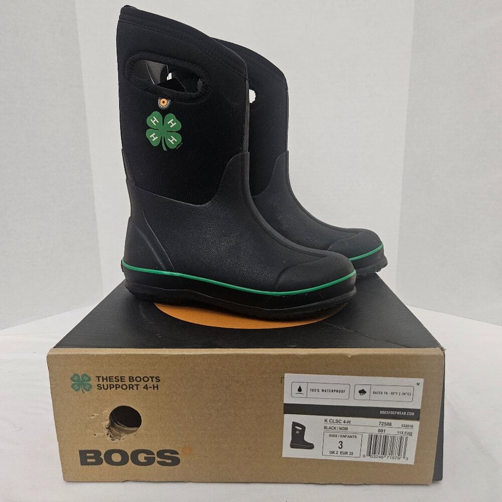 4-H Bogs Boots - Youth Size 3 - Black - 100% Waterproof - New In Box - Picture 2 of 9